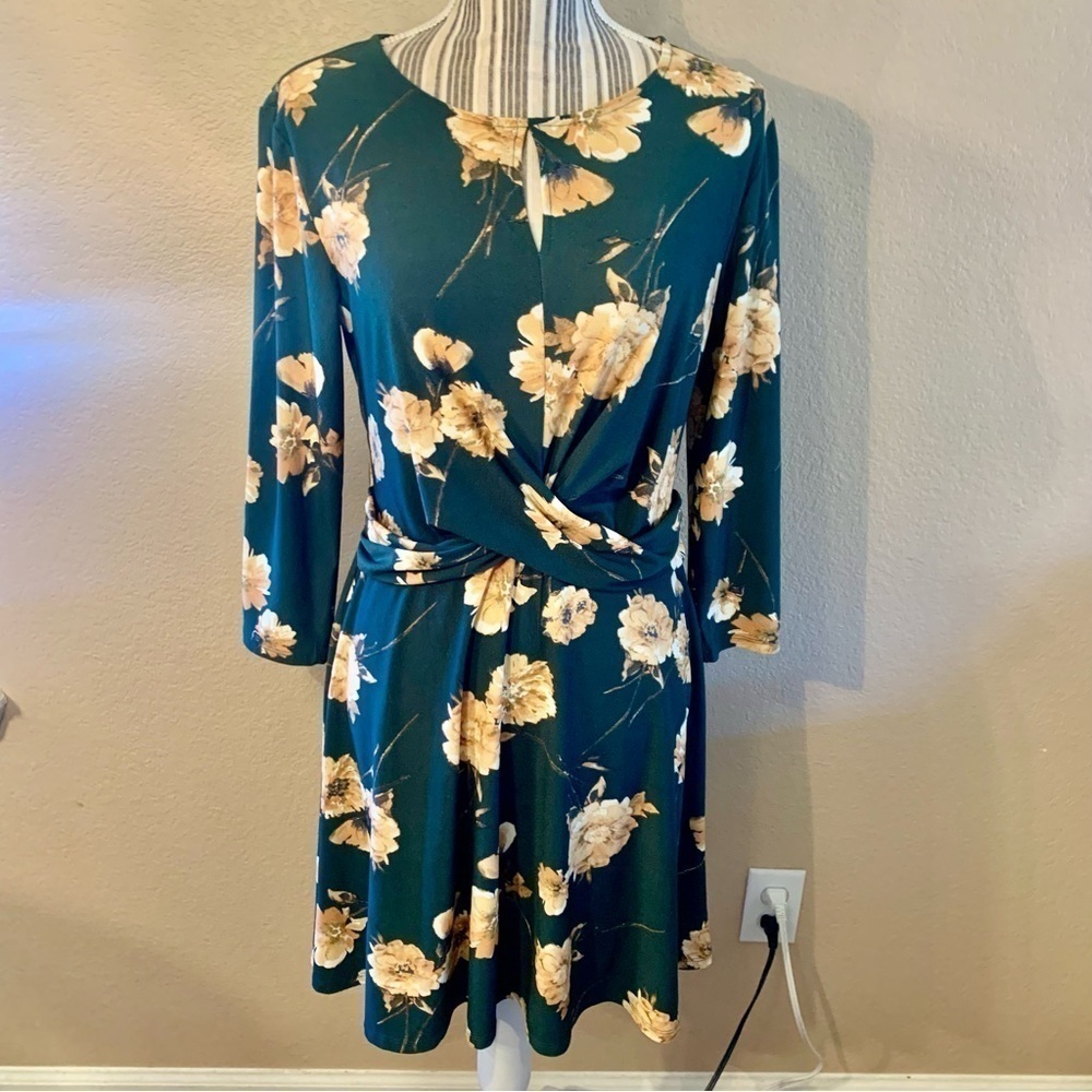 NWT Charming Charlie Dress Medium Green Gold Floral Crossover 3/4 Sleeve